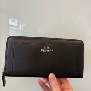 Coach Black Leather Wallet with Silver Zipper